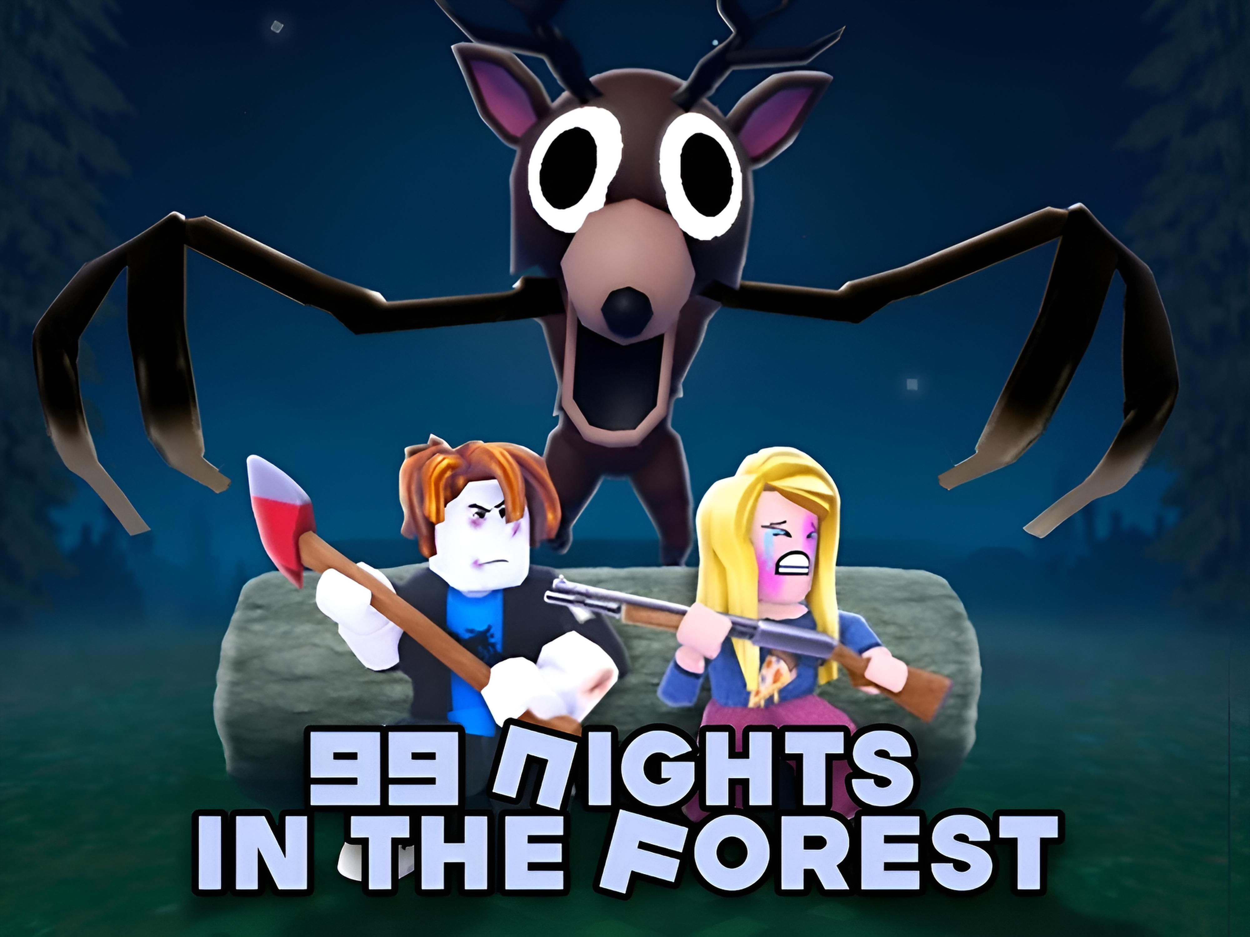 99 Nights in the Forest — illustrative Roblox game cover 99 Nights in the Forest Roblox characters in a dark forest facing a creature